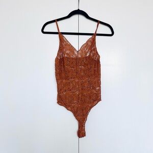 Mind Code | Copper Orange Sheer Elastic Lace Cami Bodysuit Low Back | Size M